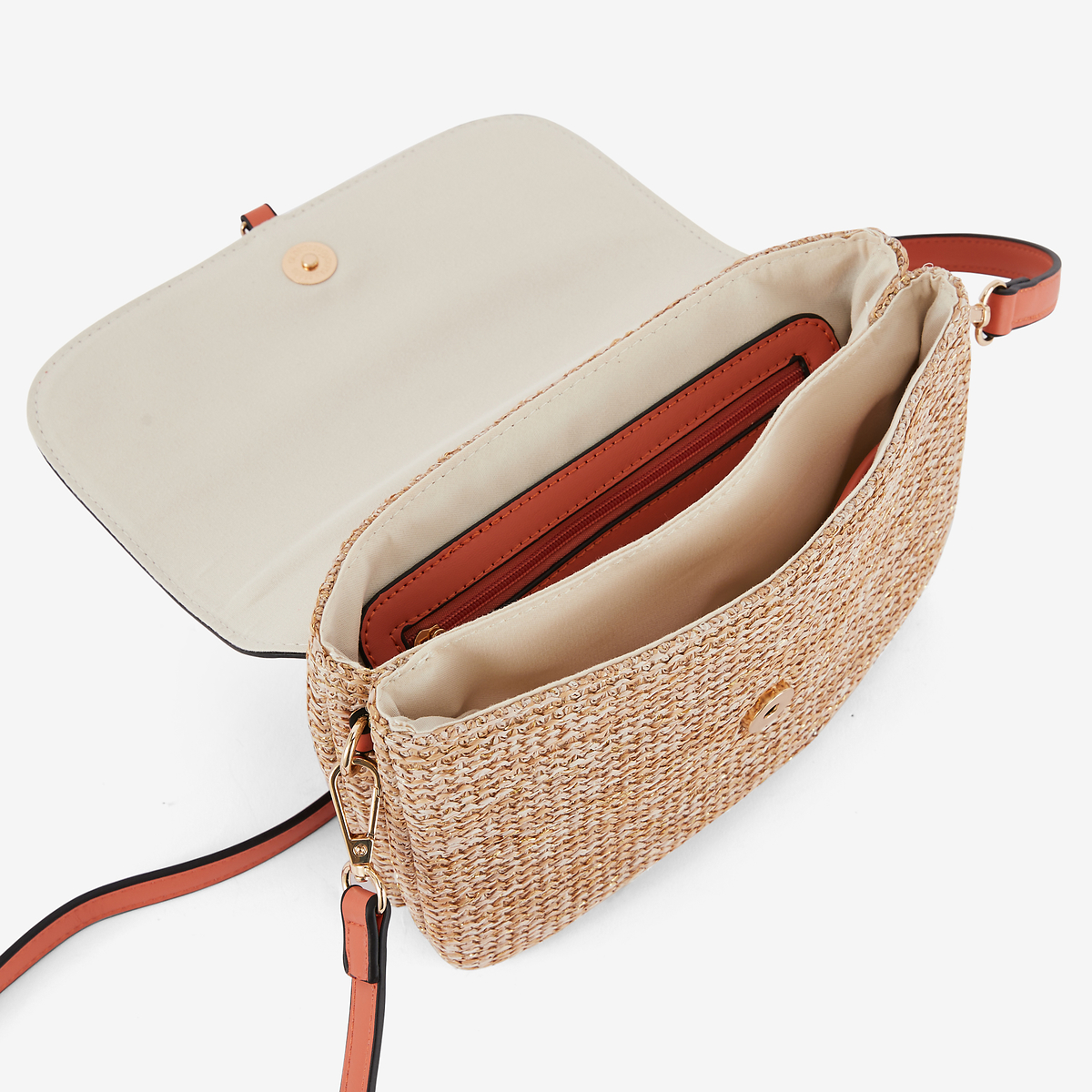 Sac à bandoulière bi-matière orange effet paille