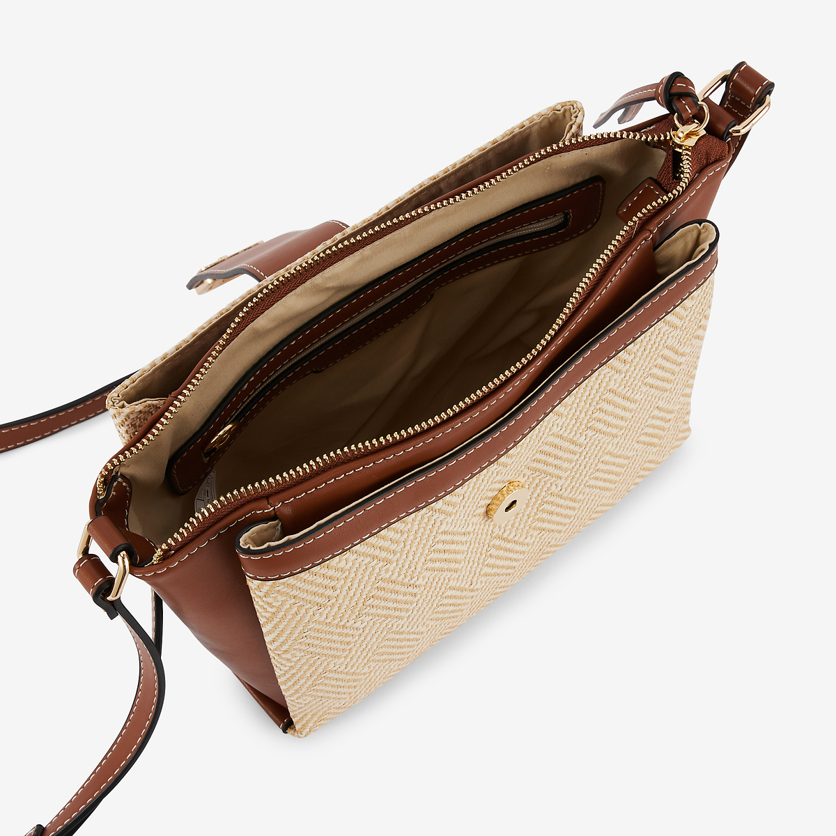 Sac à bandoulière bi matière camel et beige