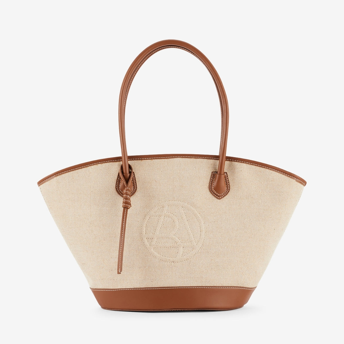 Grand cabas textile camel et beige avec logo