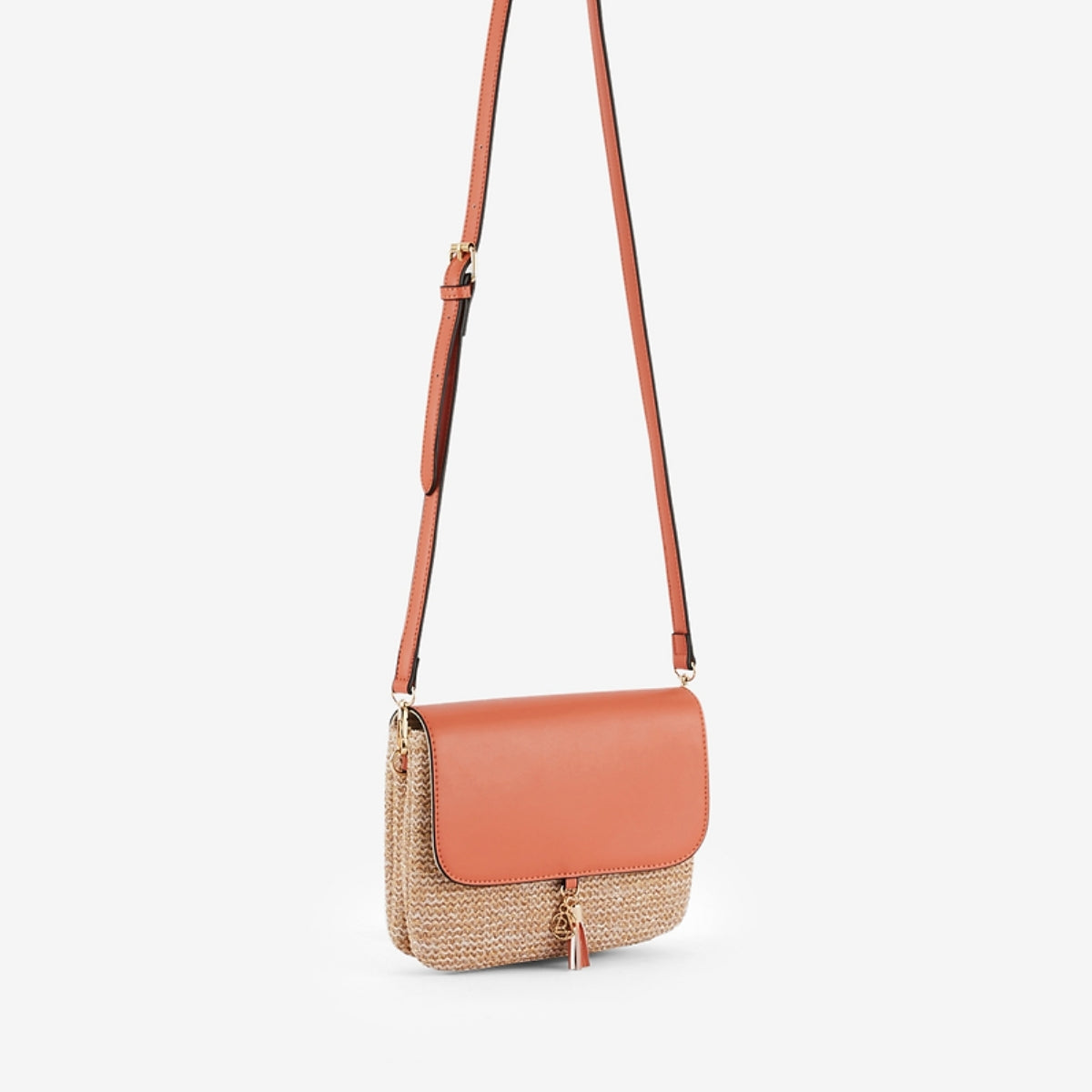 Sac à bandoulière bi-matière orange effet paille