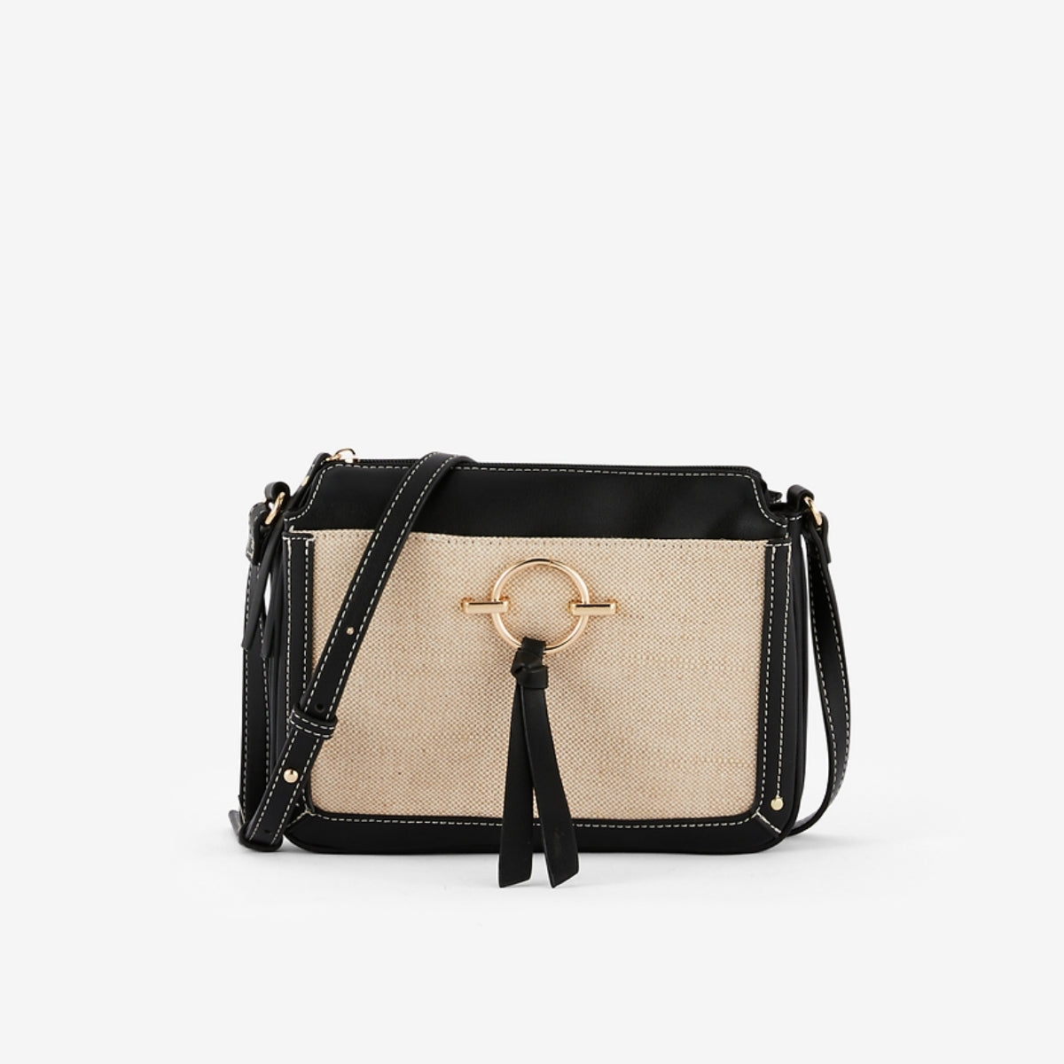 Sac à bandoulière bi-matière noir et écru