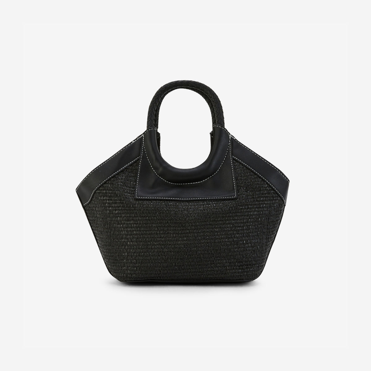 Panier effet paille et anses tressées noir