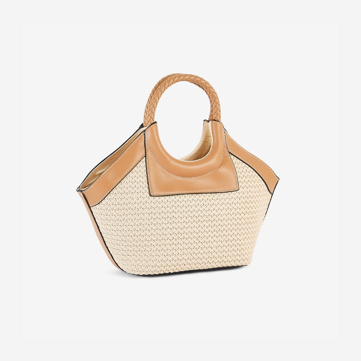 Panier effet paille et anses tressées beige et camel