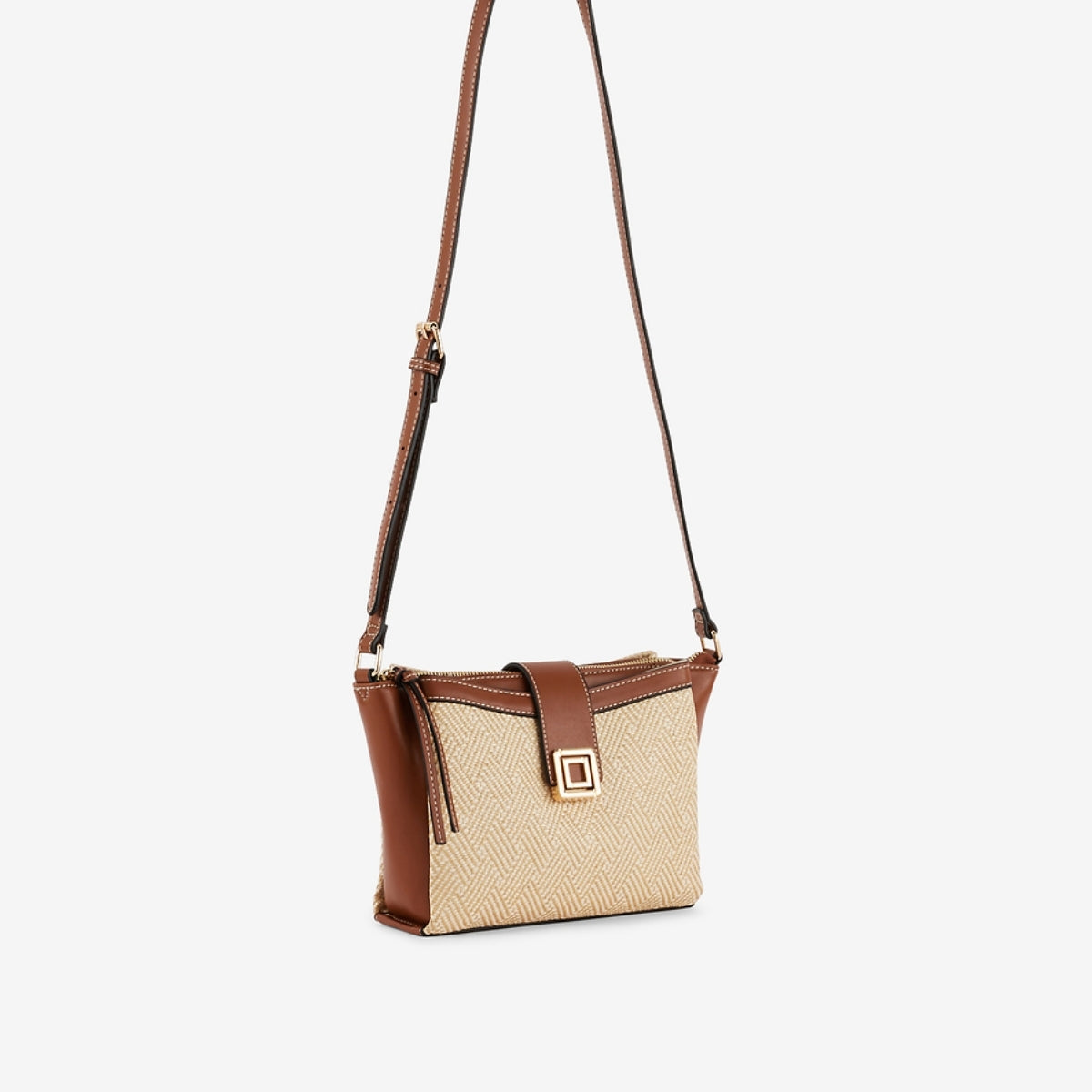 Sac à bandoulière bi matière camel et beige