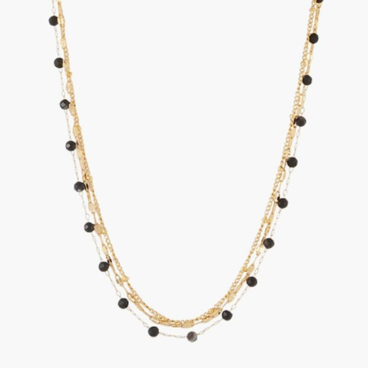 Collier 3 rangs chaînes et perles à facettes acier inoxydable noir et doré