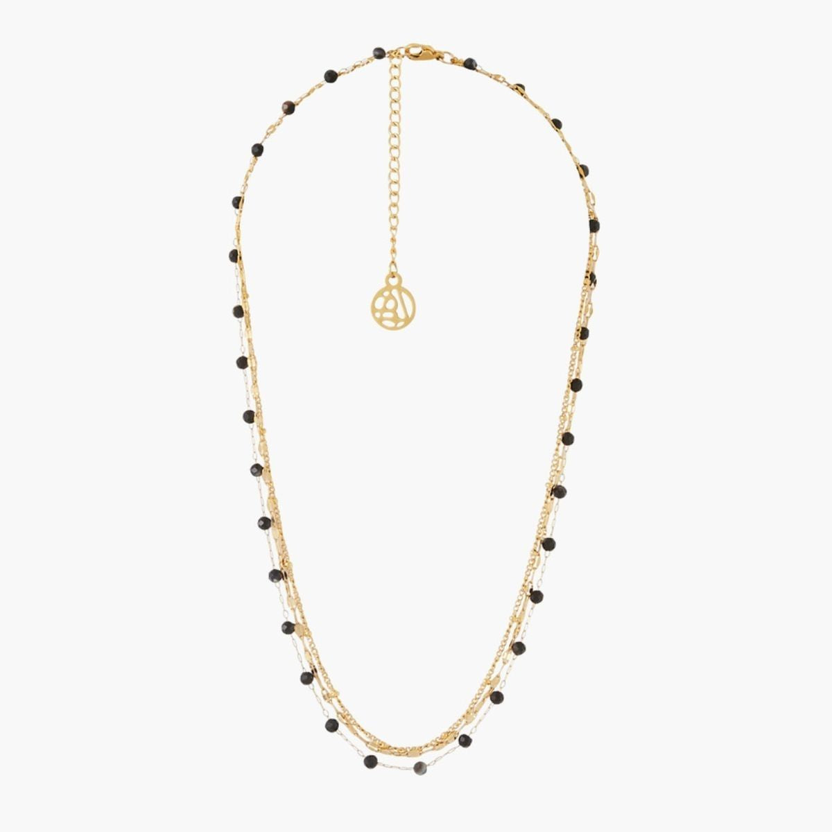 Collier 3 rangs chaînes et perles à facettes acier inoxydable noir et doré