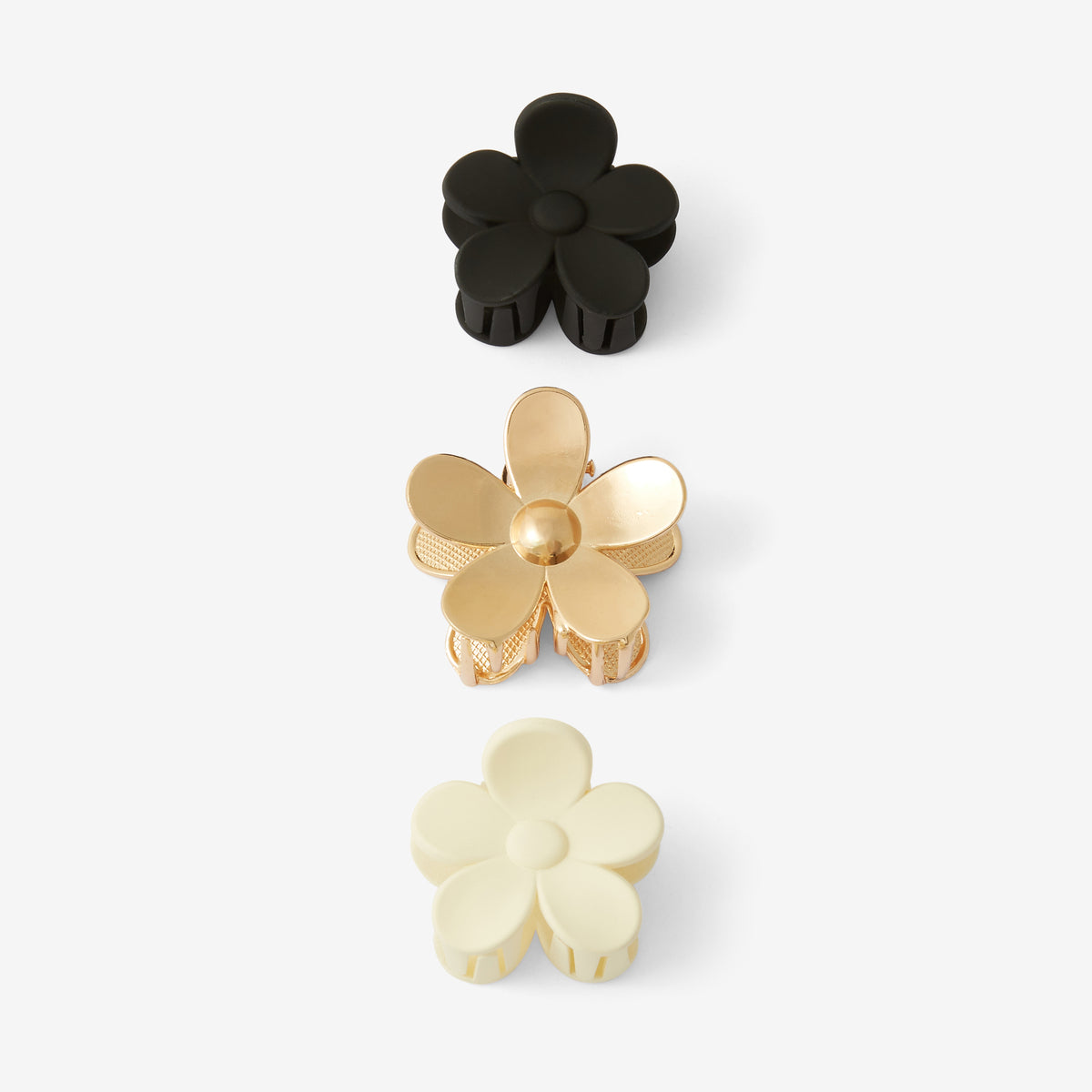 Set de 3 pinces à cheveux fleurs noir, doré, écru