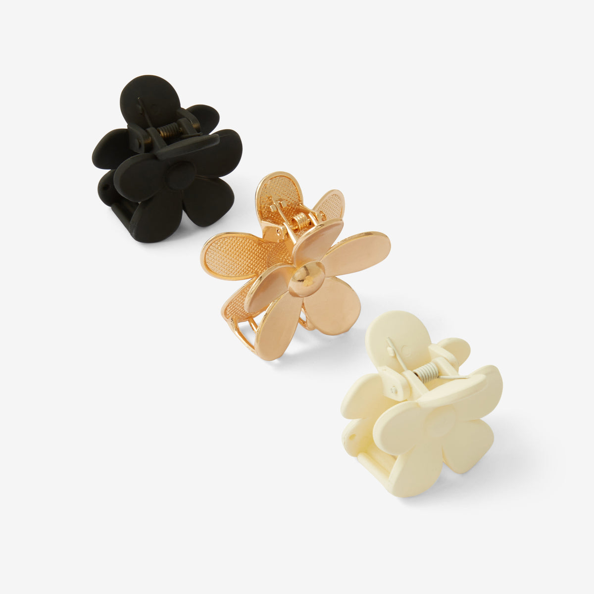 Set de 3 pinces à cheveux fleurs noir, doré, écru