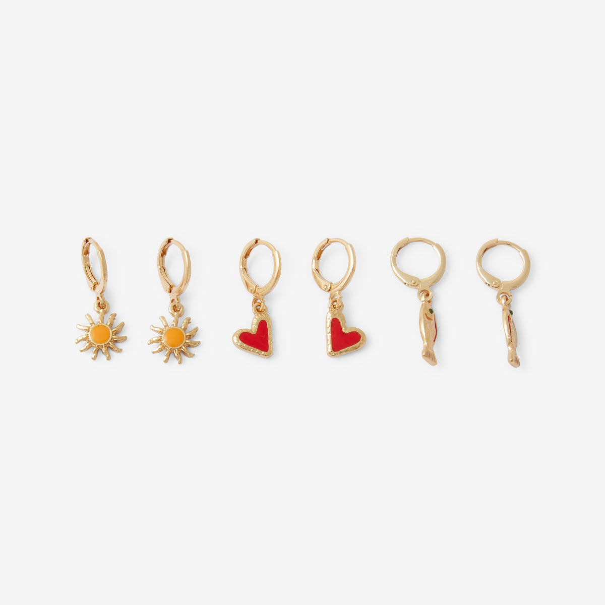 Set de 3 petites créoles, soleil, cœur et poisson