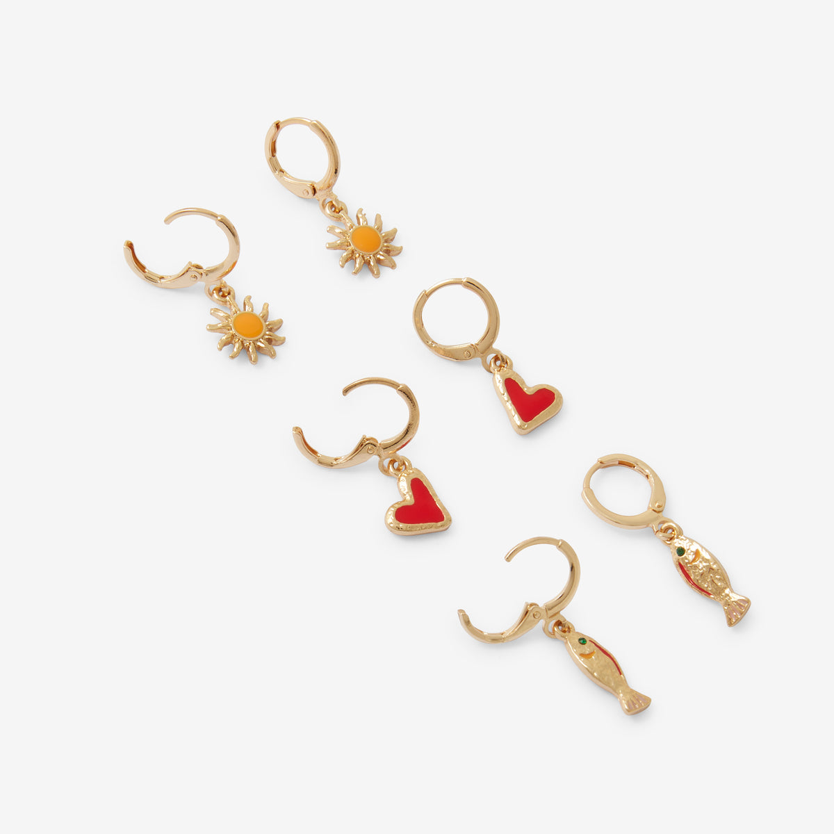 Set de 3 petites créoles, soleil, cœur et poisson