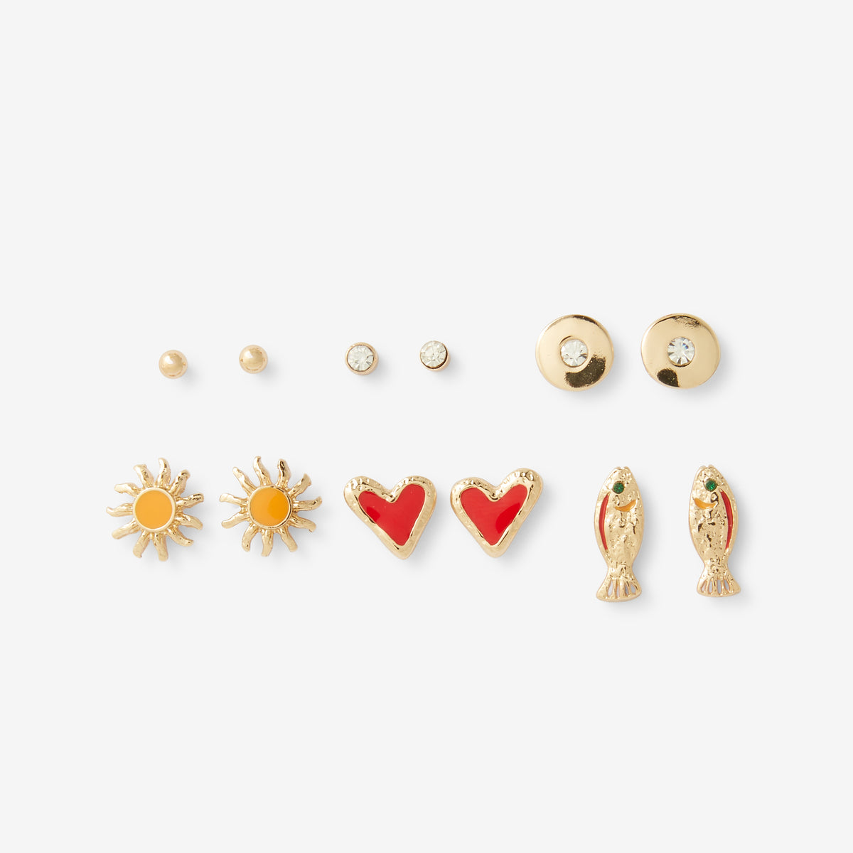 Set de 6 paires de boucles d'oreilles soleil, cœur, poisson
