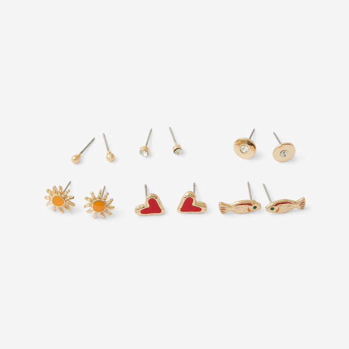 Set de 6 paires de boucles d'oreilles soleil, cœur, poisson