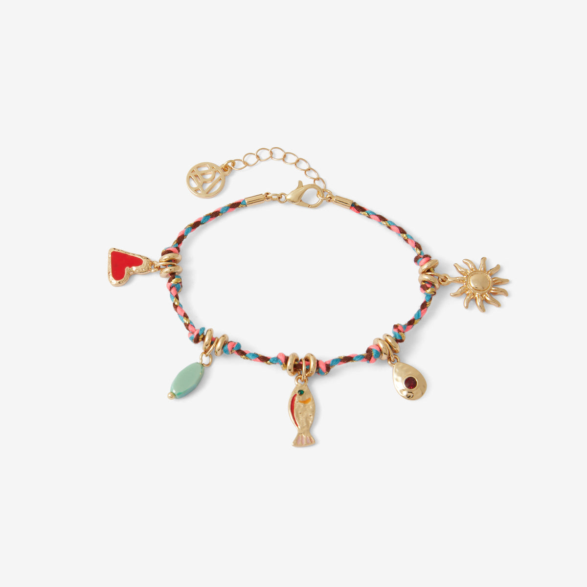 Bracelet cordon à breloques poisson, soleil et cœur