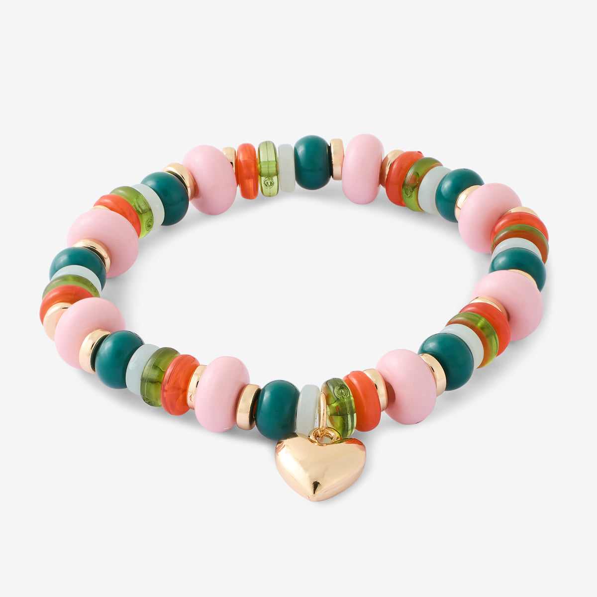 Bracelet élastique à perles vertes et roses avec breloque cœur