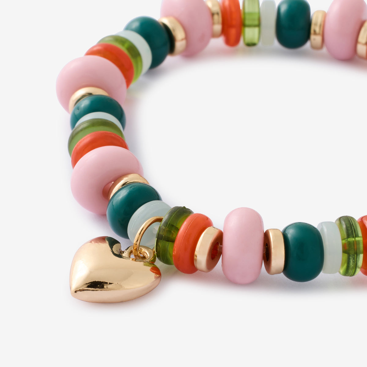 Bracelet élastique à perles vertes et roses avec breloque cœur