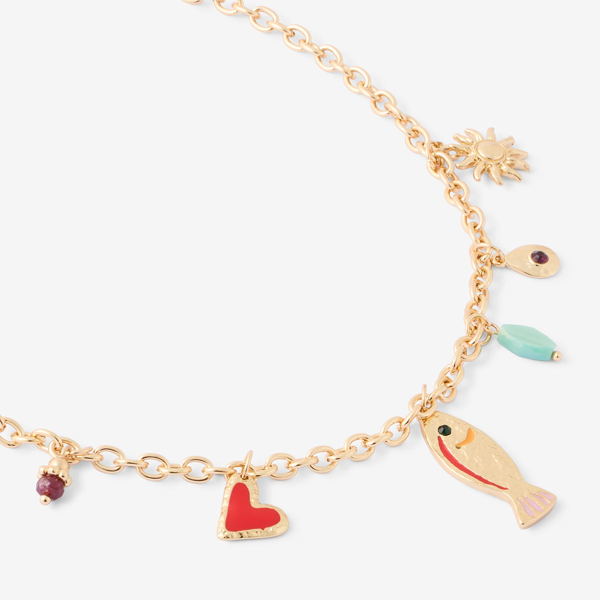 Collier à maillons breloques soleil, poisson et cœur