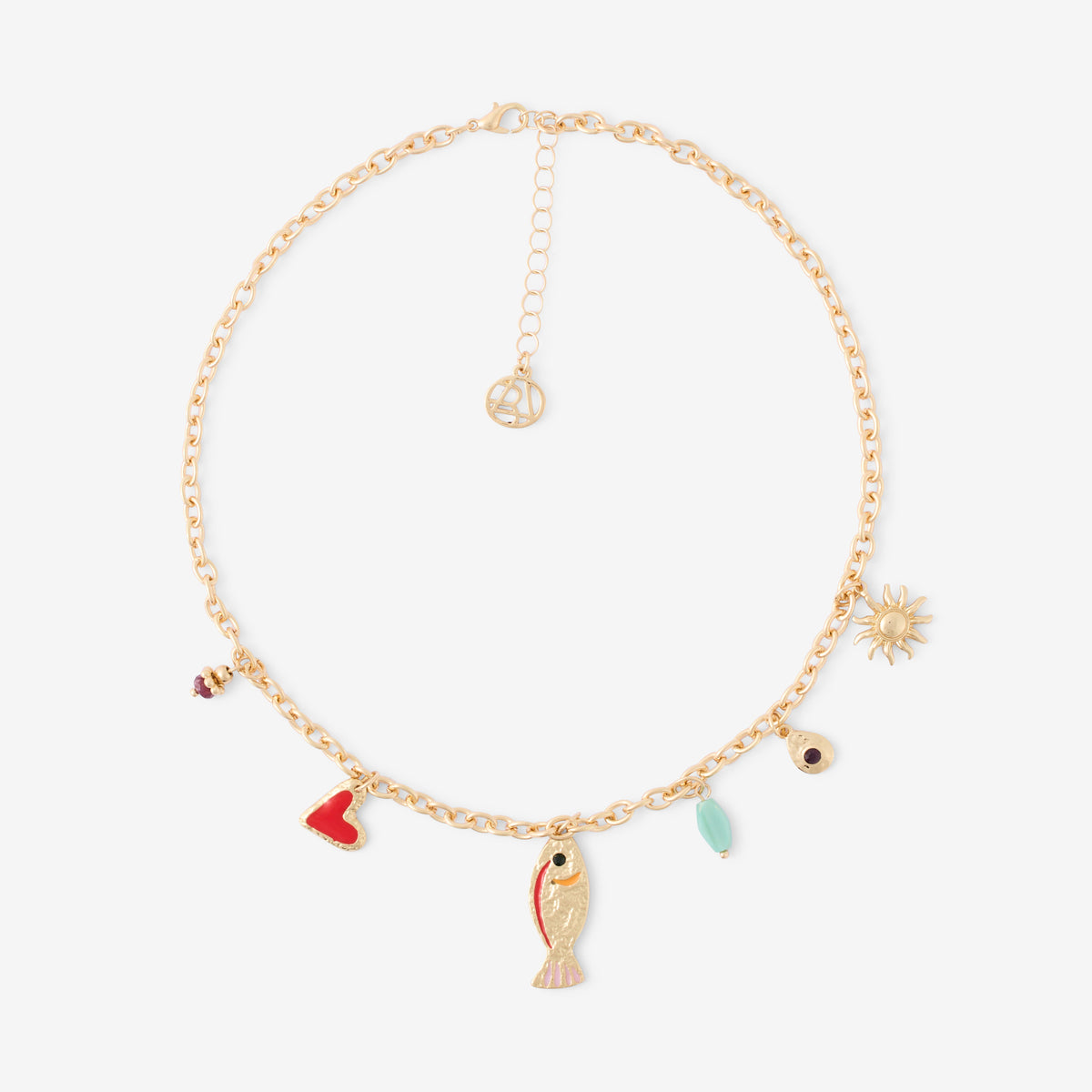 Collier à maillons breloques soleil, poisson et cœur