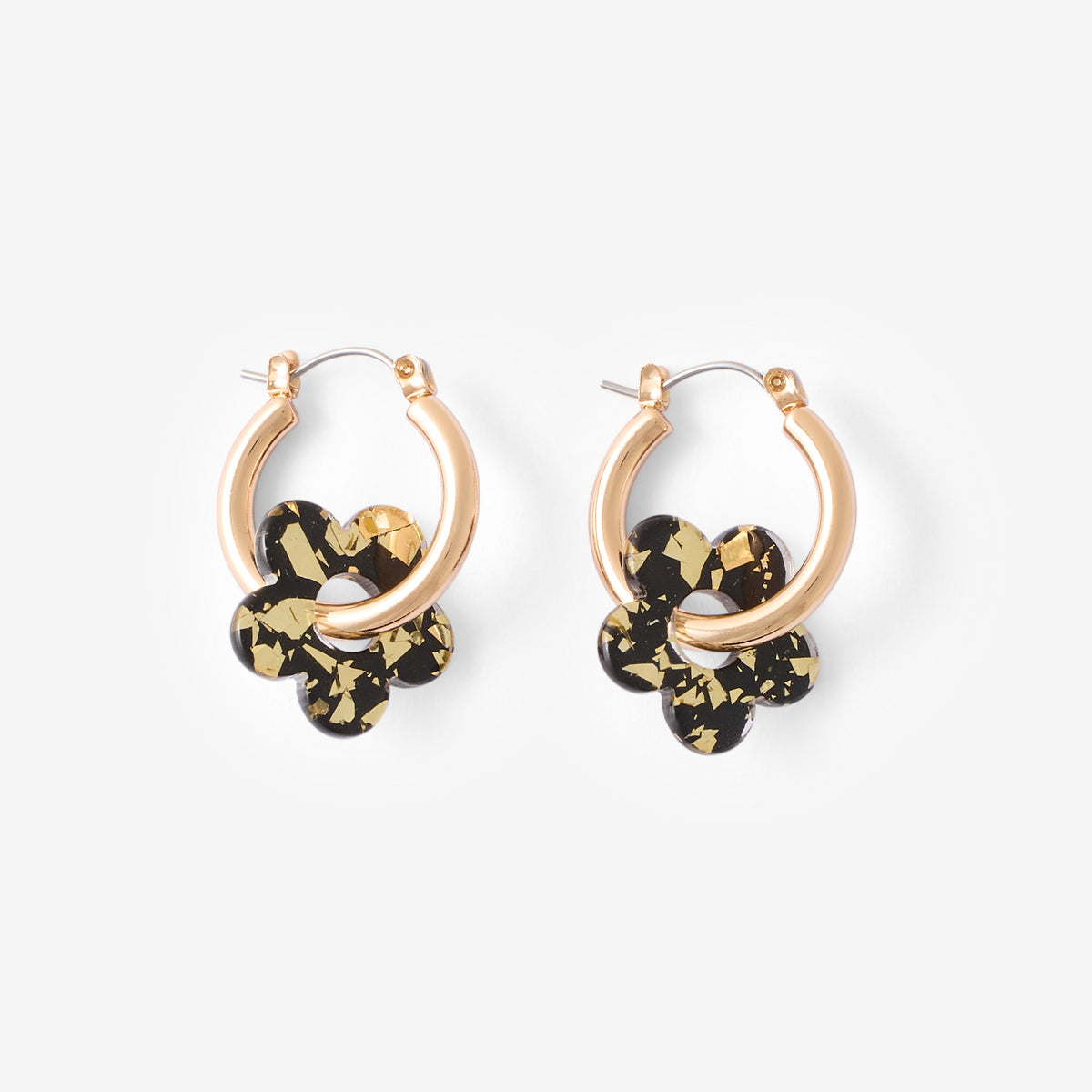 Créoles pendentif fleur en résine noire et dorée