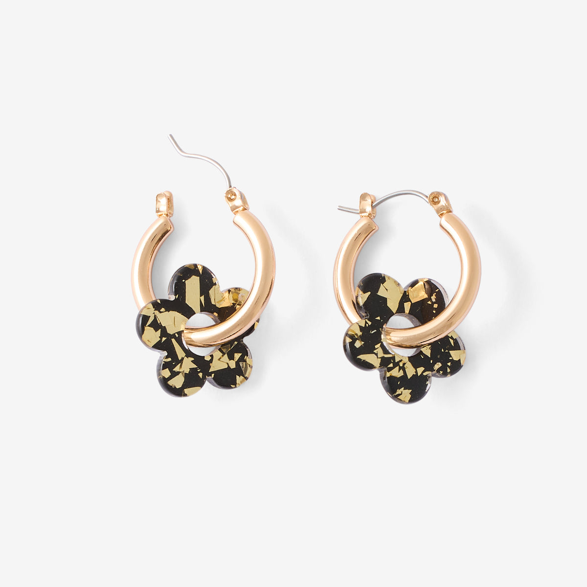 Créoles pendentif fleur en résine noire et dorée