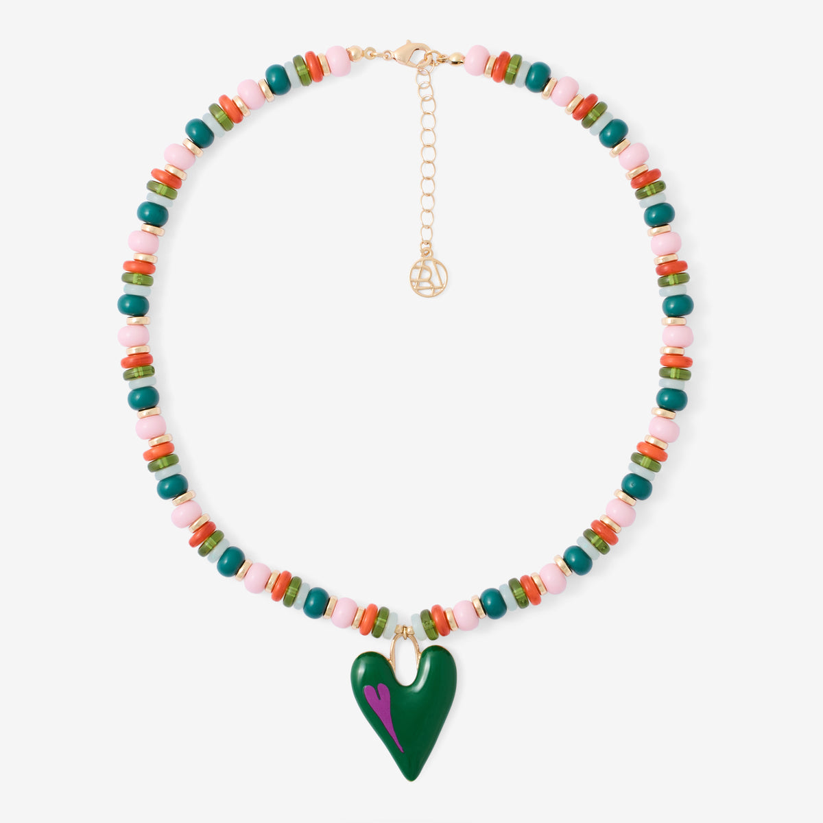 Collier à perles vertes et roses avec pendentif cœur vert