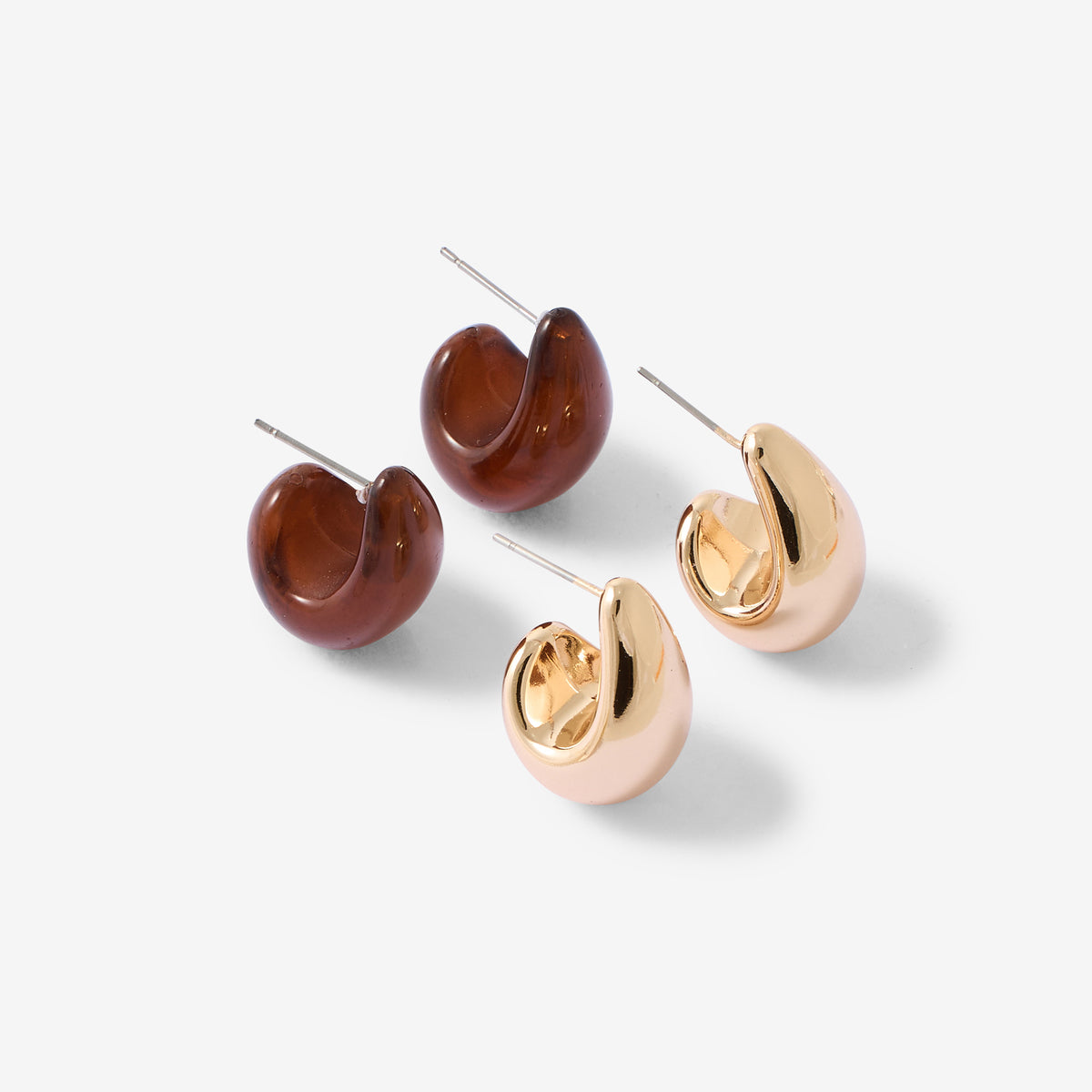Set de 2 paires de boucles d’oreilles gouttes marron et dorées