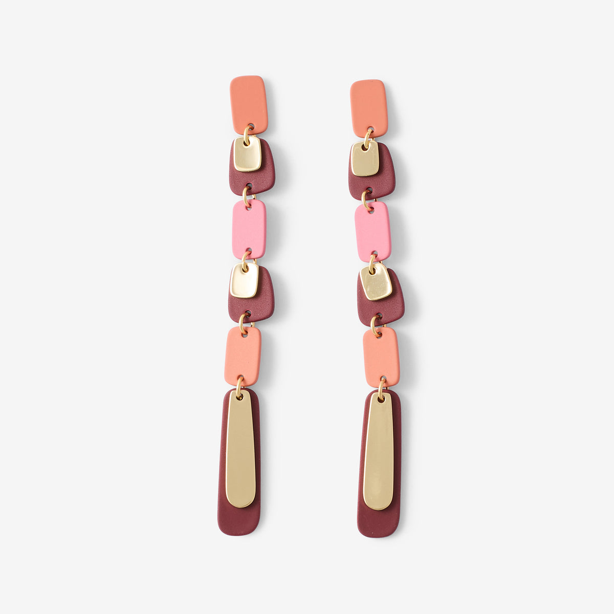 Boucles d’oreilles longues piécettes roses et dorées