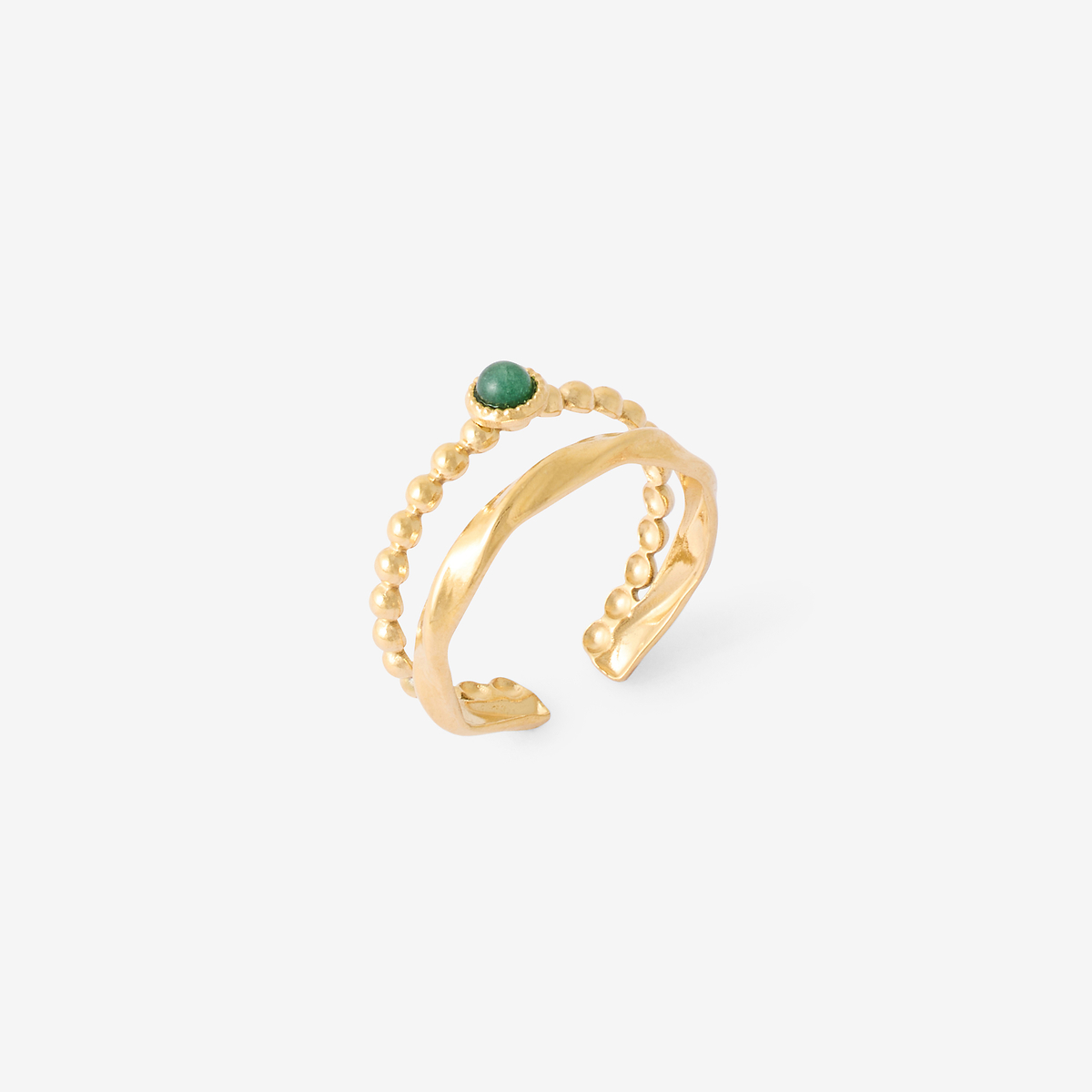 Bague 2 rangs en acier inoxydable avec pierre d'Aventurine