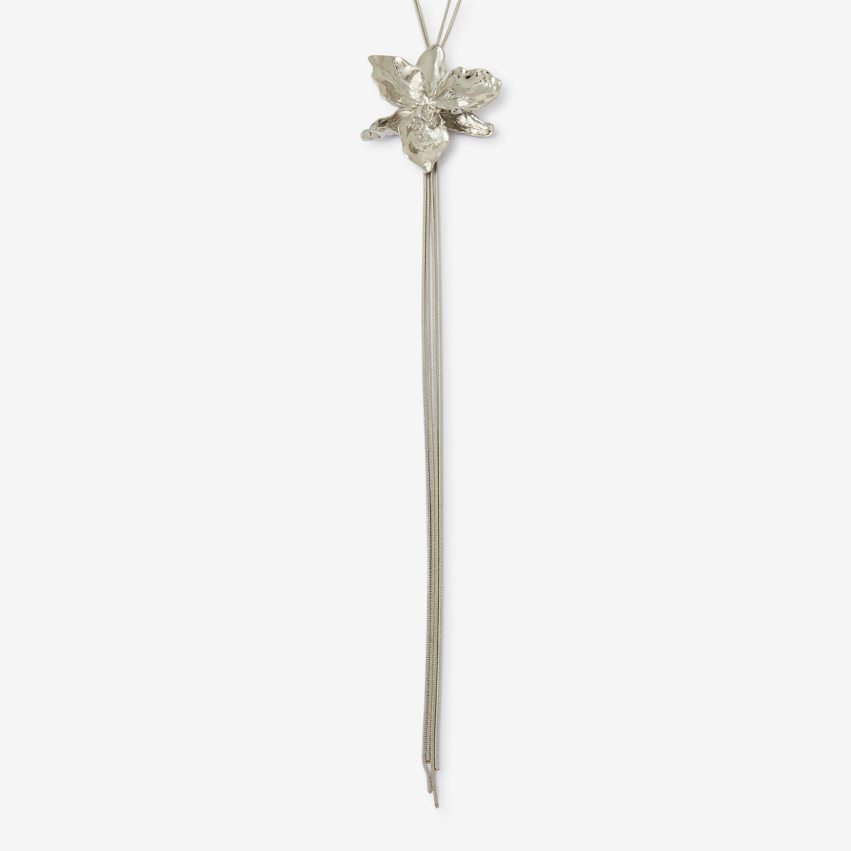 Sautoir Y grosse fleur en métal argenté
