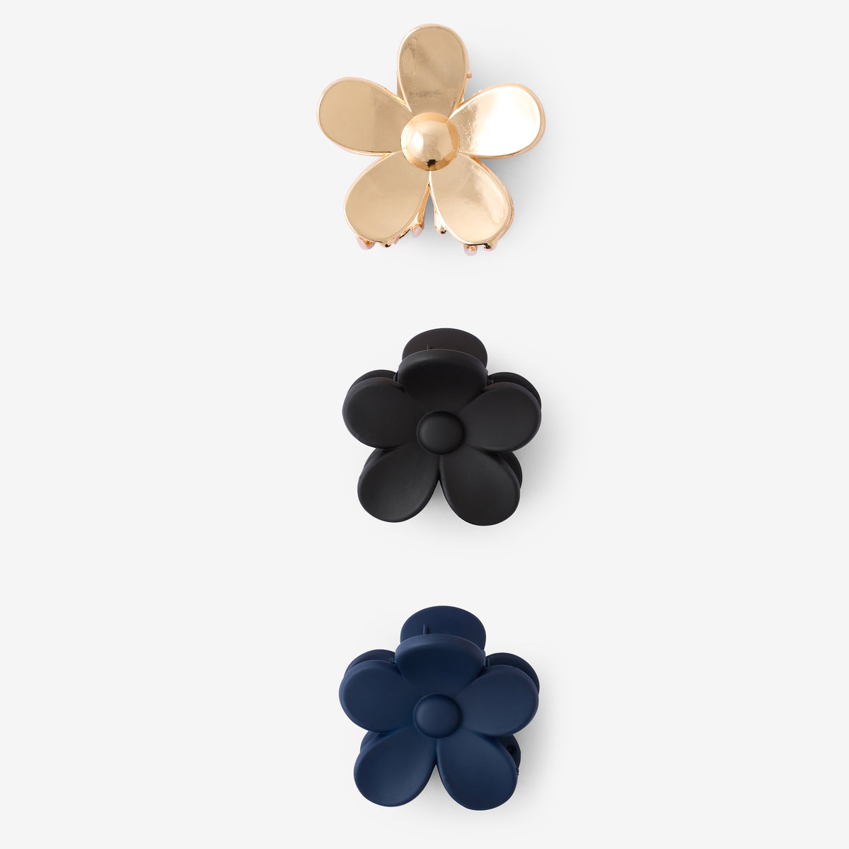Set de 3 pinces à cheveux fleurs dorées, noires et bleu marine