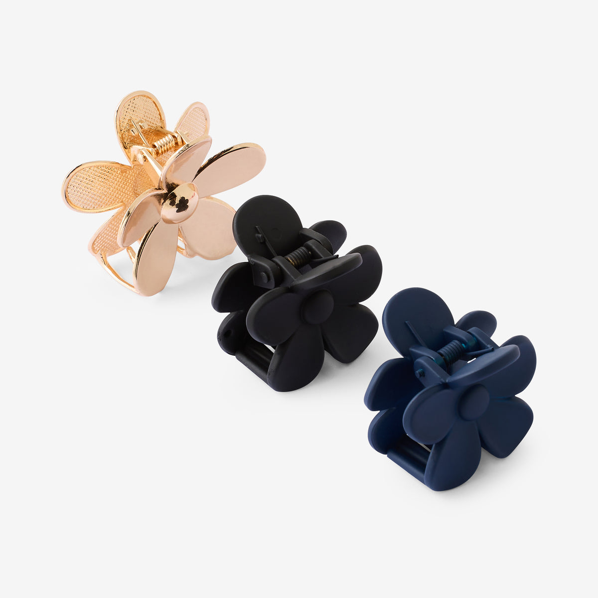 Set de 3 pinces à cheveux fleurs dorées, noires et bleu marine
