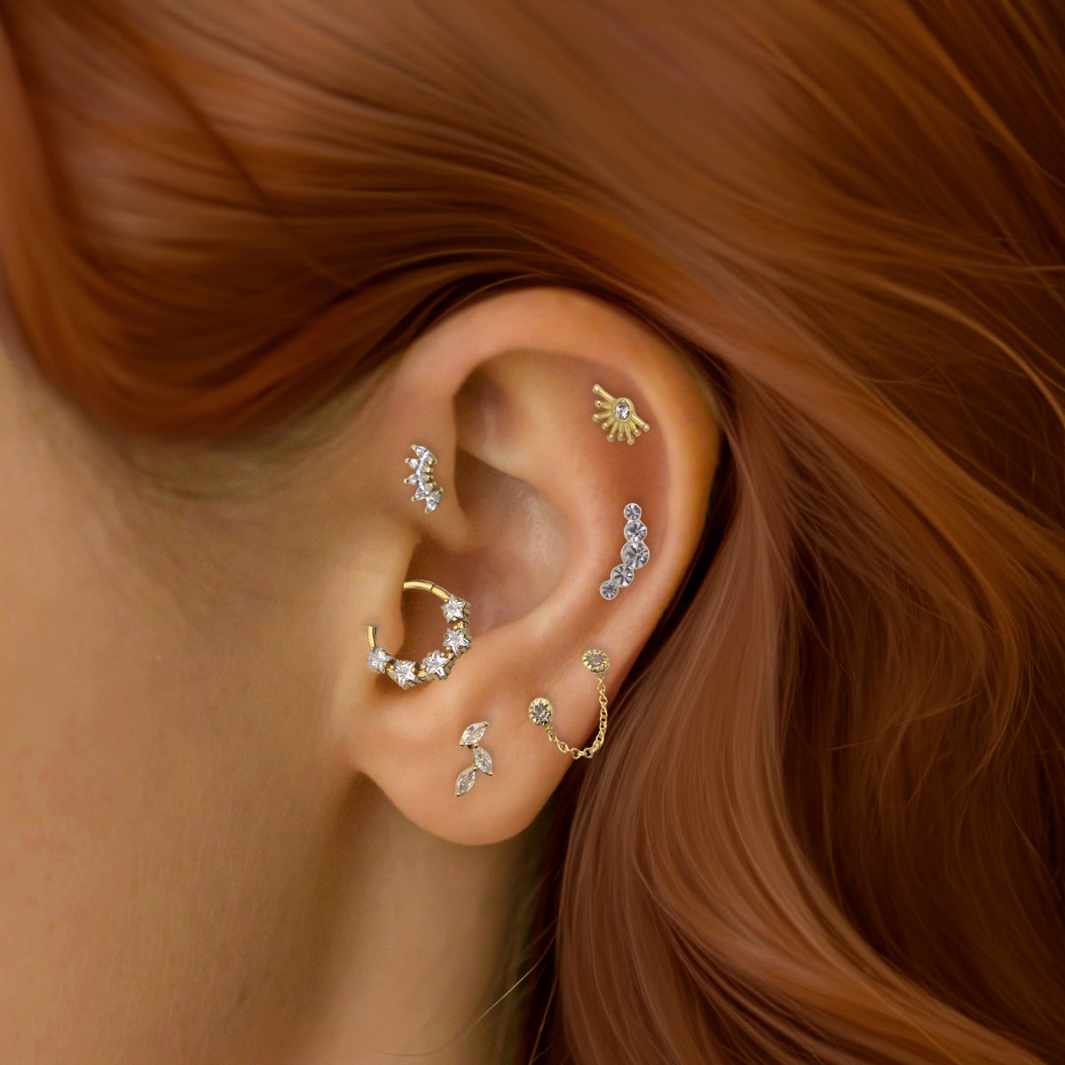 Piercing stud helix/tragus 5 strass acier chirurgical 316L doré