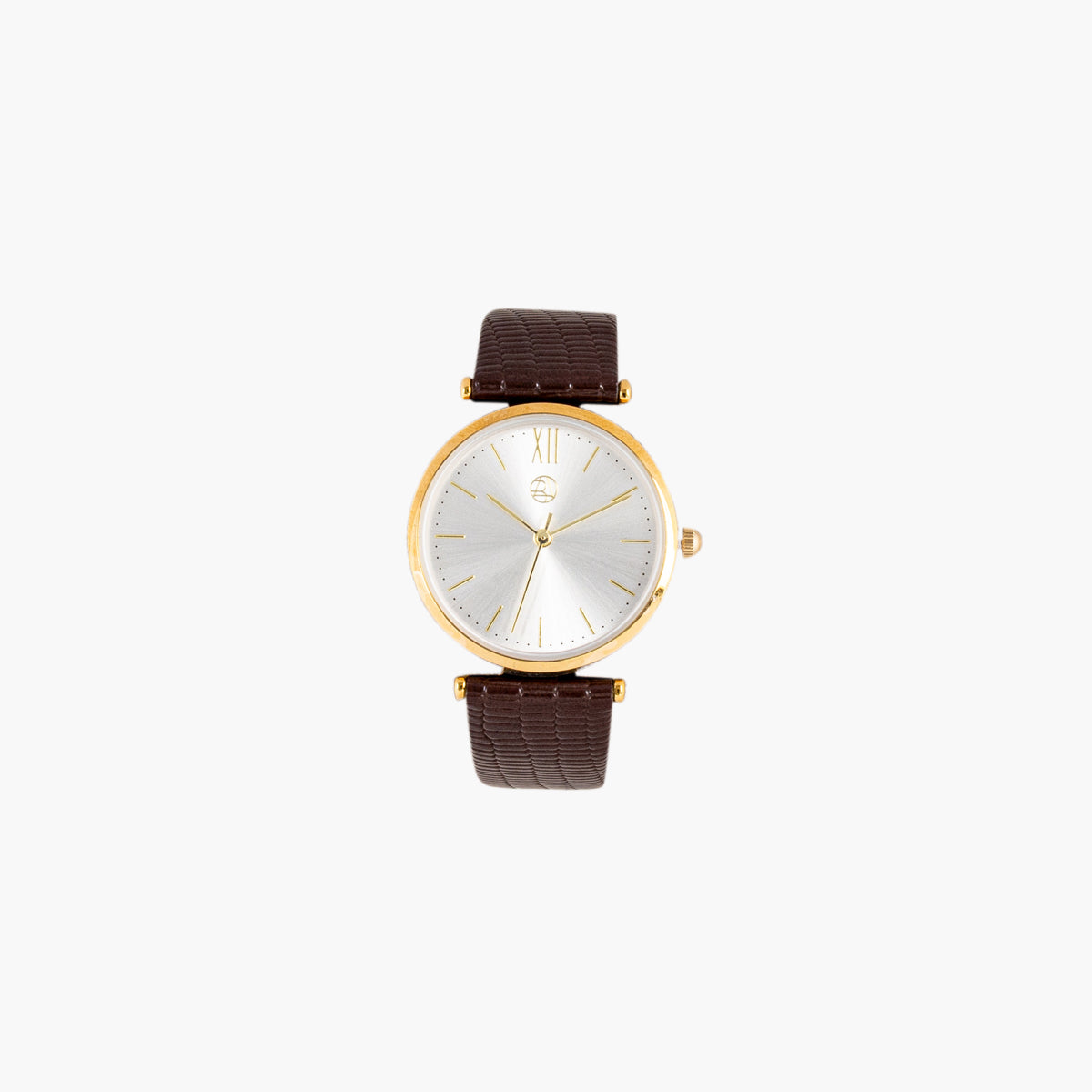 Montre cadran rond bracelet effet lézard marron