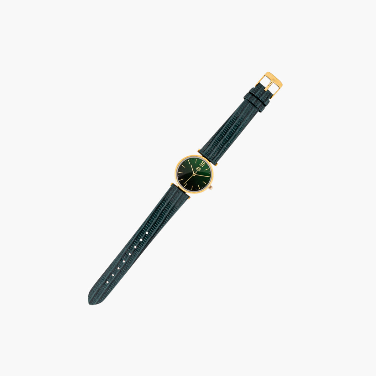 Montre cadran rond bracelet effet lézard vert