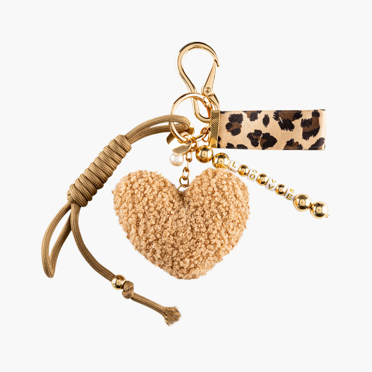 Bijoux de sac cœur bouclette beige et ruban léopard