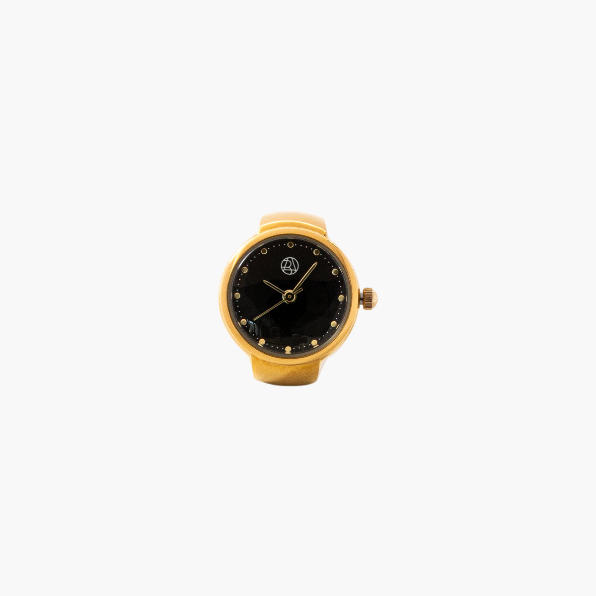 Bague montre cadran rond fond noir bracelet maille doré