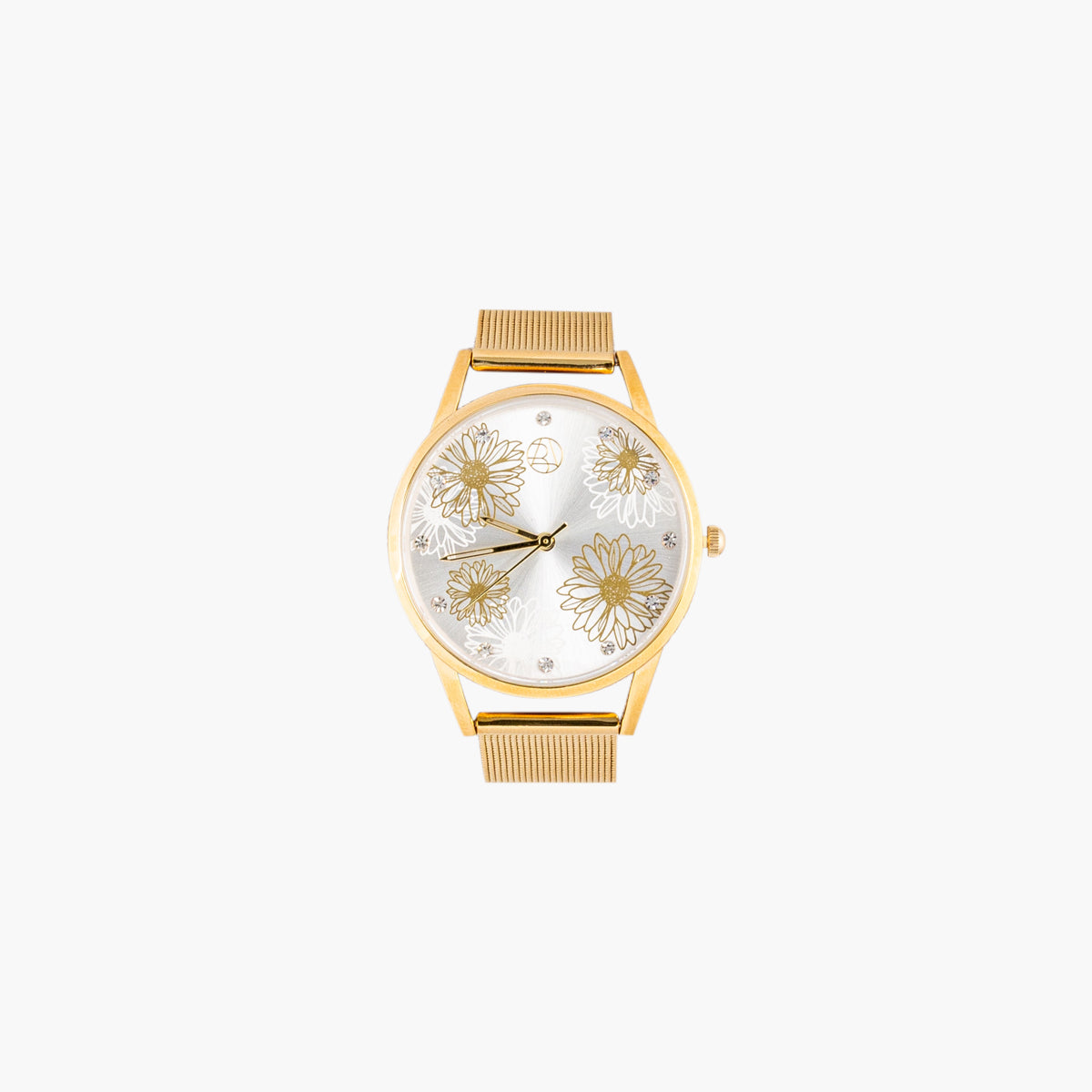Montre cadran rond à fleurs bracelet maille milanaise doré