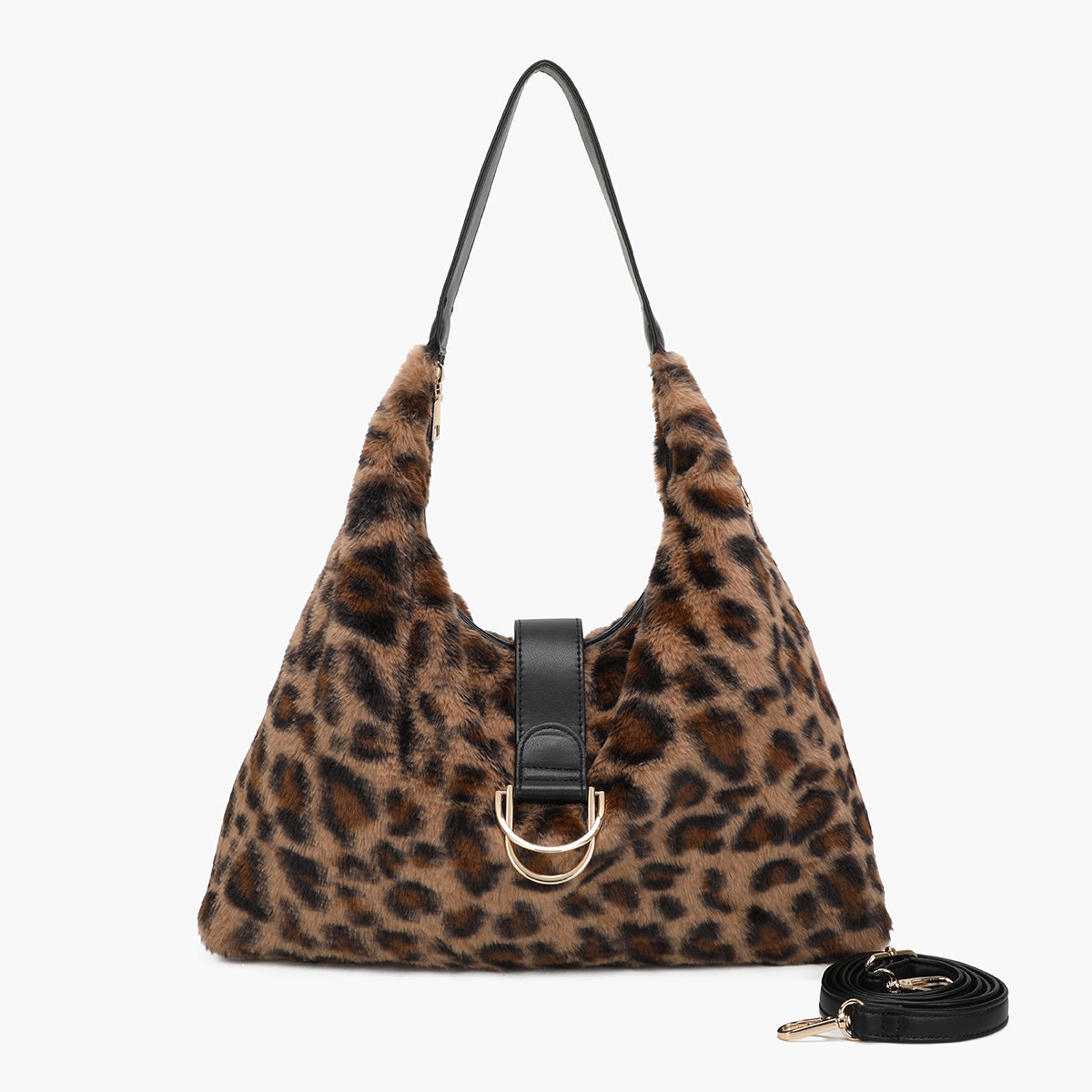 Sac hobo marron motif léopard et effet mouton