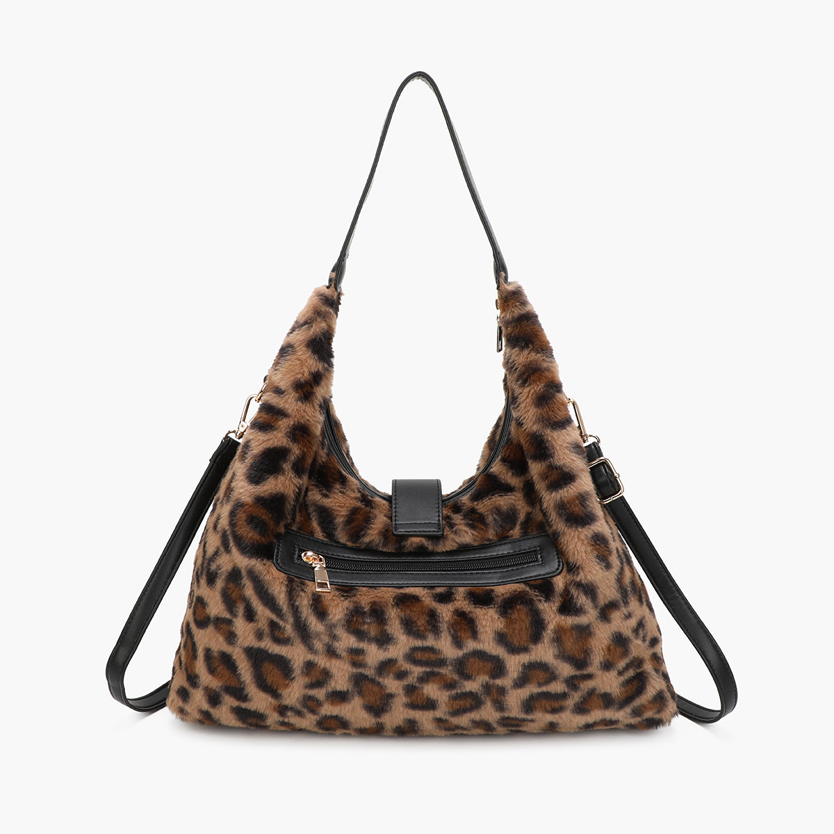 Sac hobo marron motif léopard et effet mouton