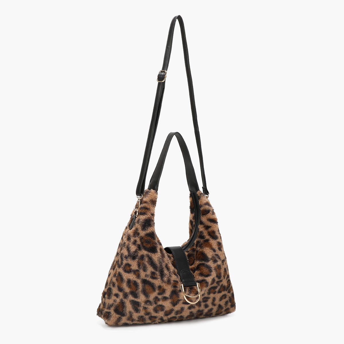 Sac hobo marron motif léopard et effet mouton