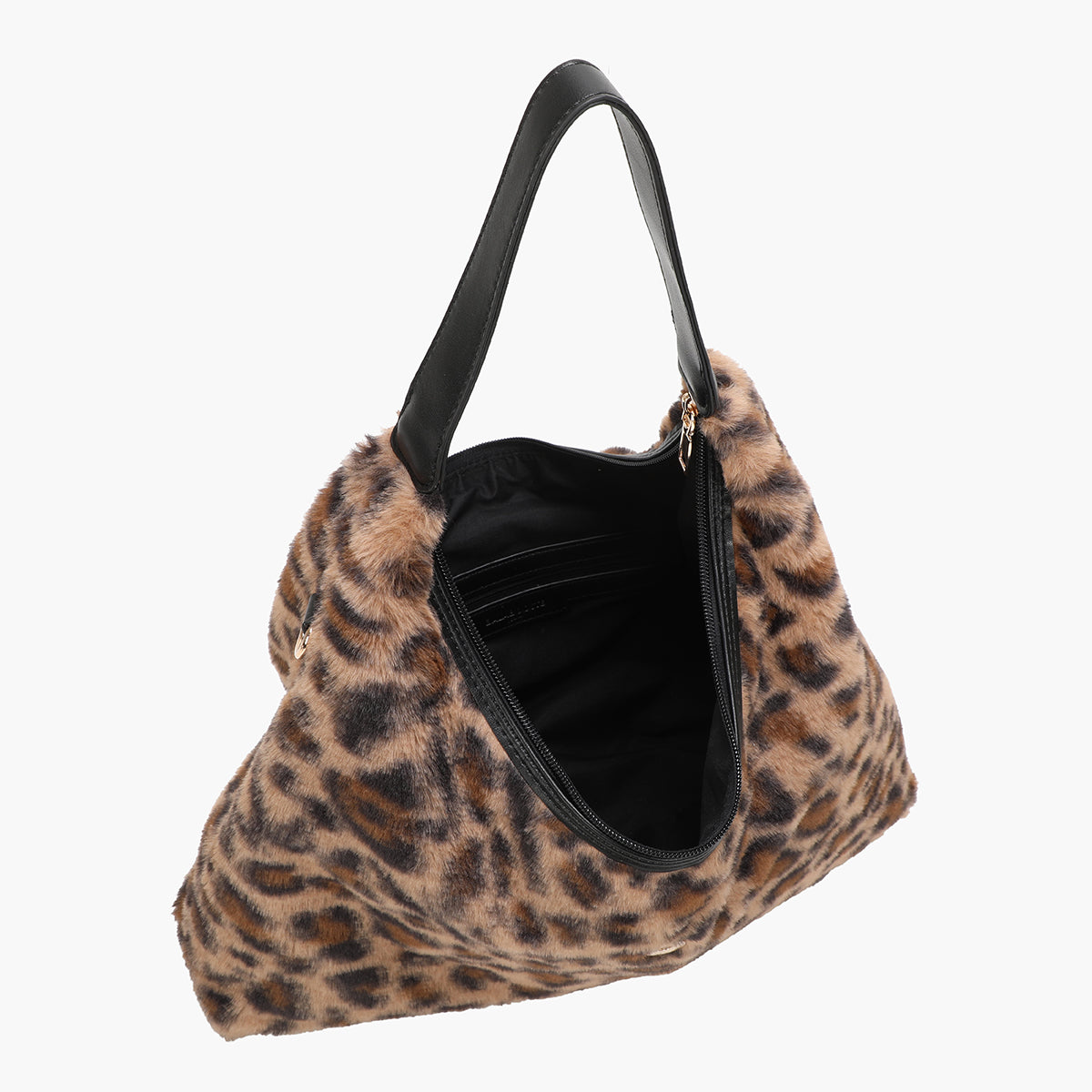 Sac hobo marron motif léopard et effet mouton