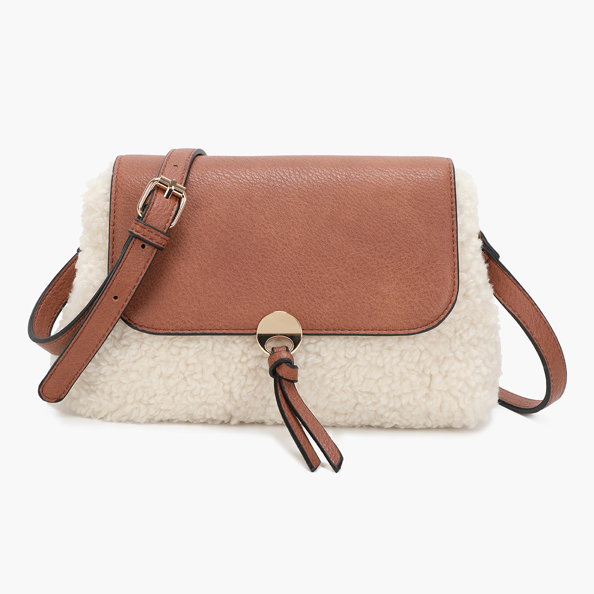 Sac à bandoulière effet mouton écru et camel