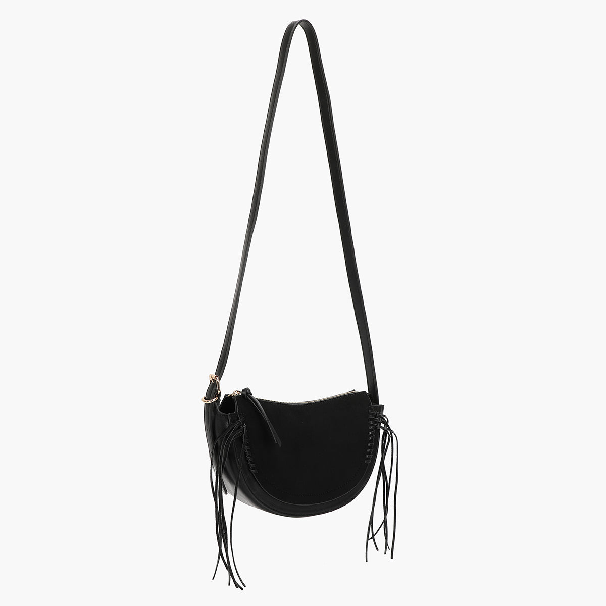 Sac à bandoulière demi lune effet suédé noir avec franges