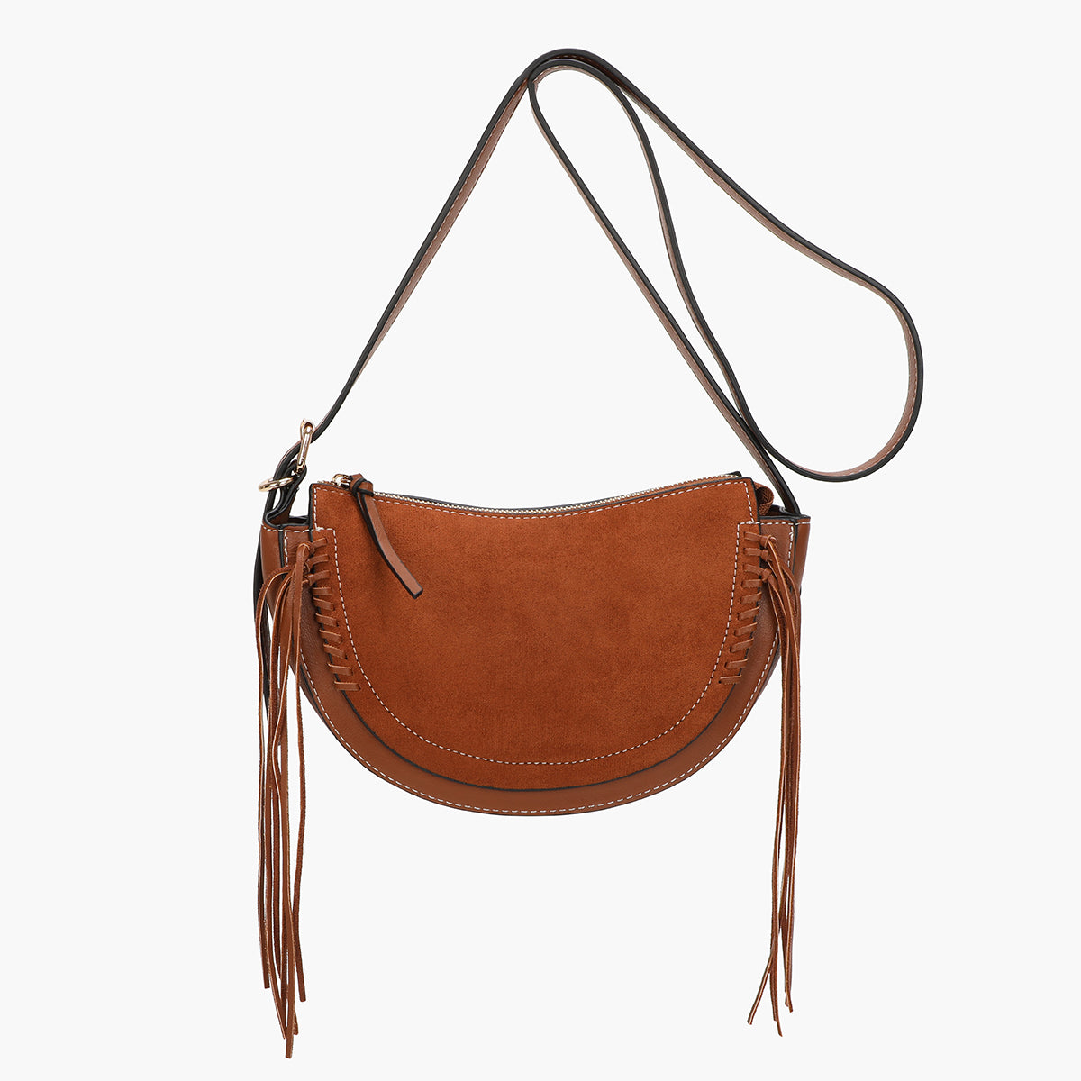 Sac à bandoulière demi lune effet suédé camel avec franges