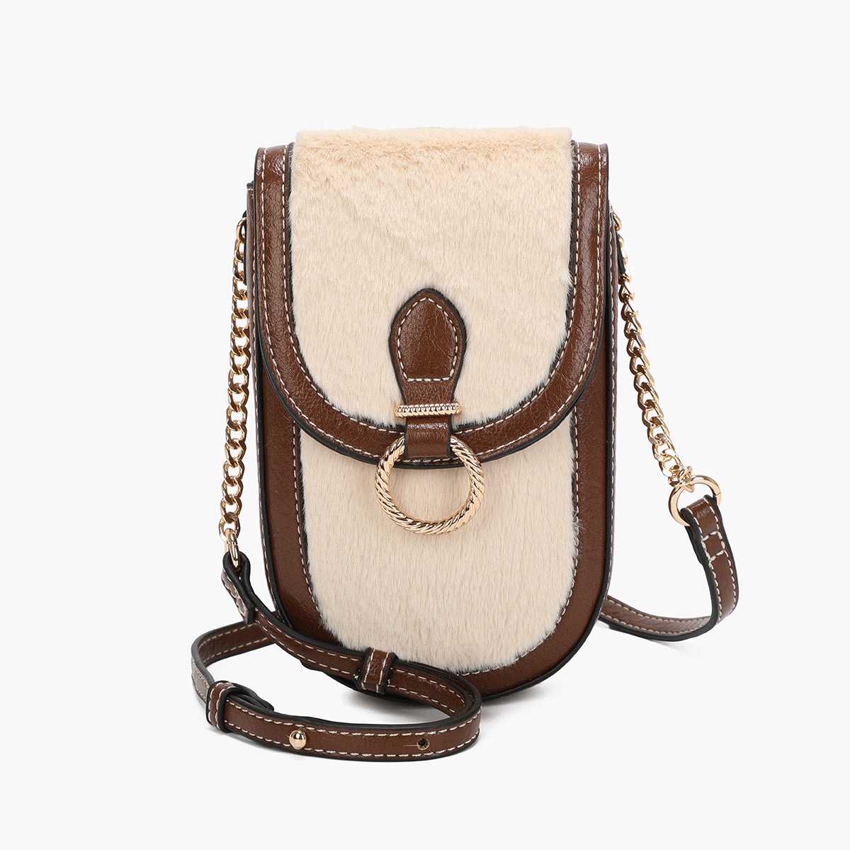 Pochette de téléphone effet fourrure beige et marron