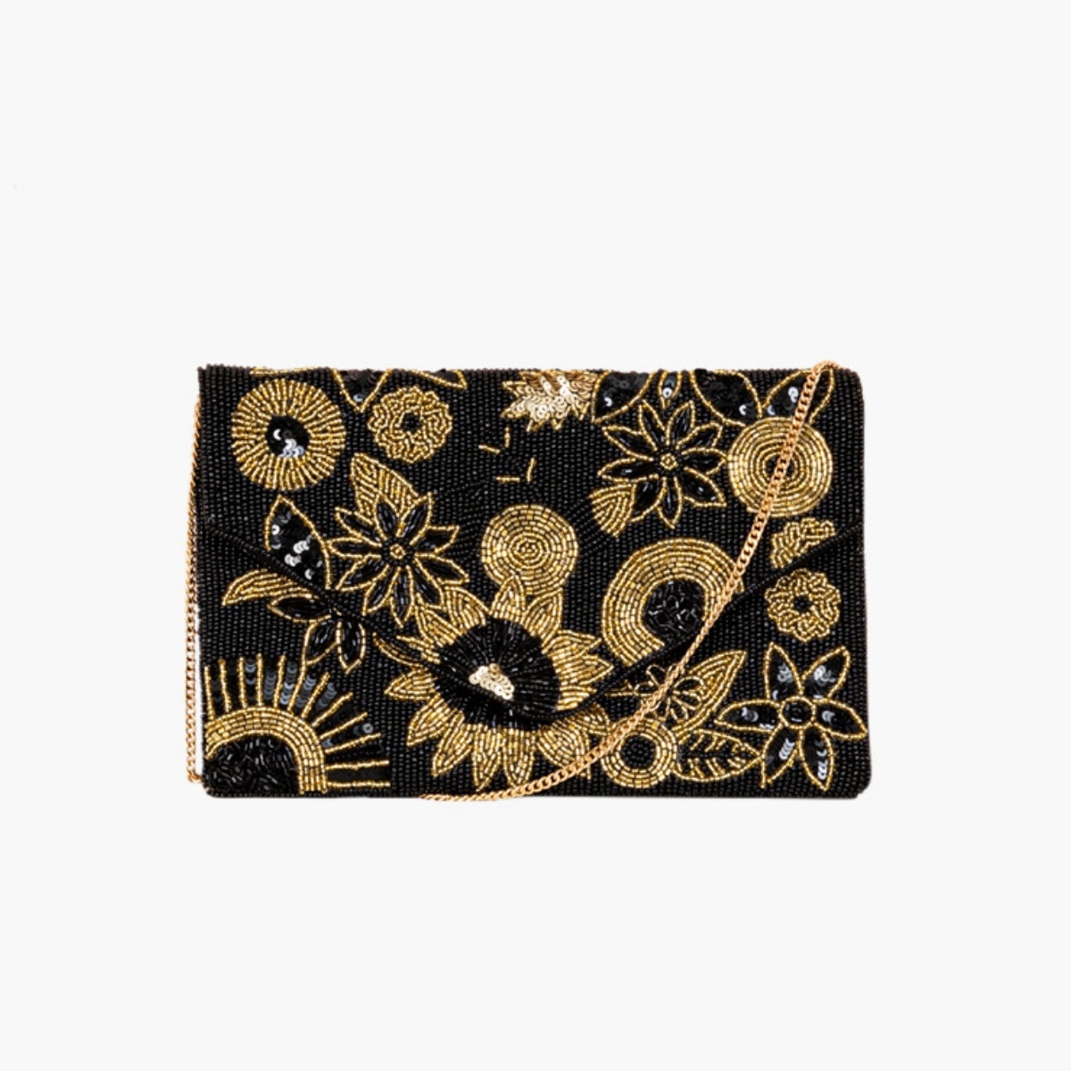 Pochette perlée fleurs noir et doré