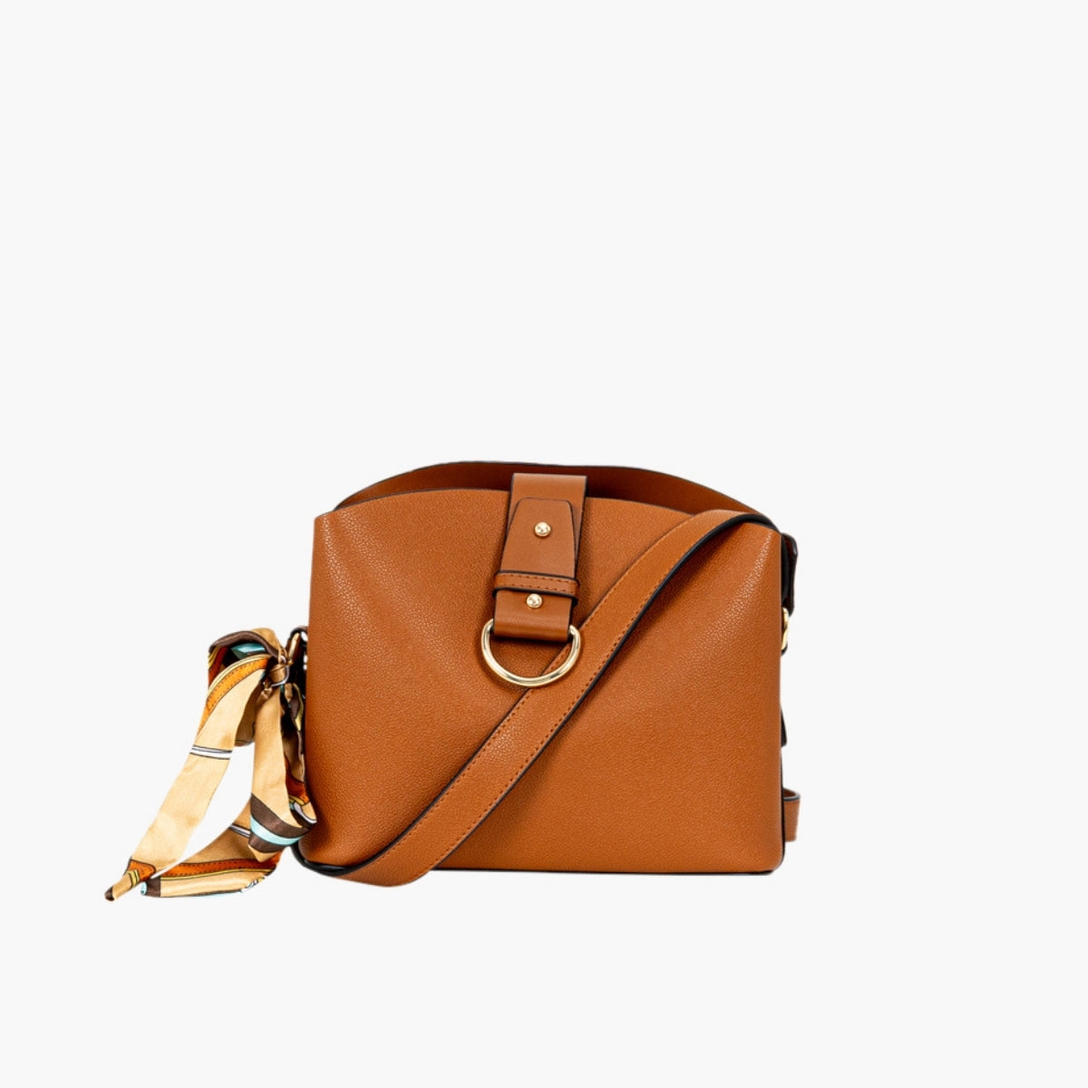 Sac à bandoulière effet grainé camel avec foulard