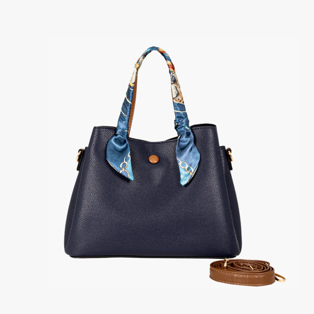 Sac à main effet grainé bleu marine avec foulard