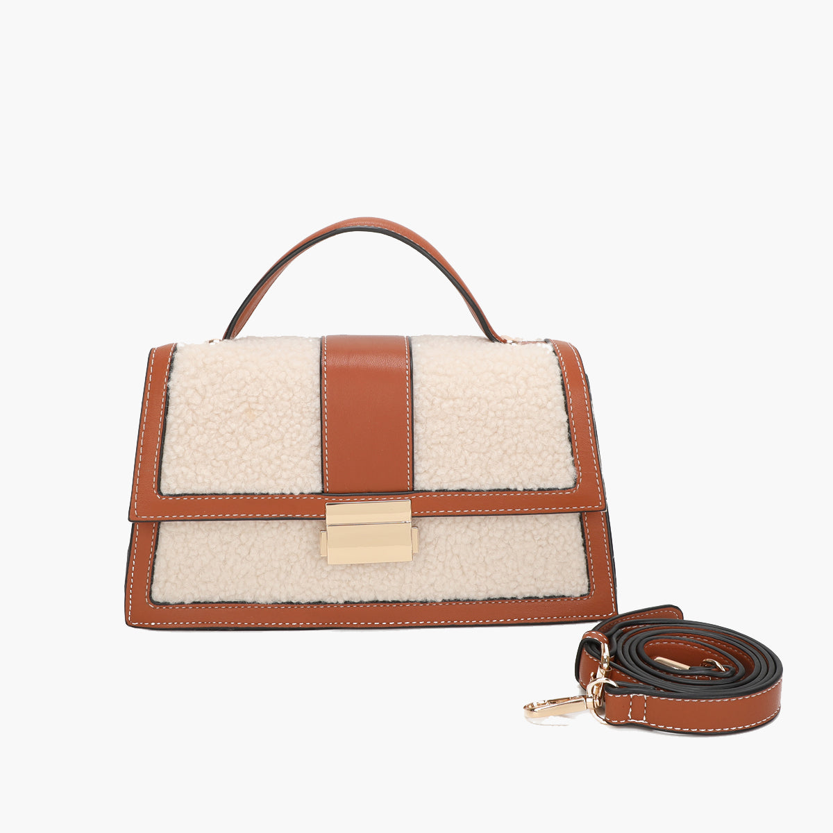 Petit sac à main effet mouton ivoire et marron