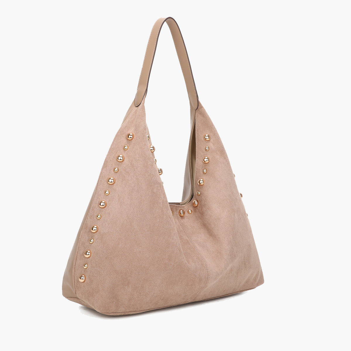 Sac hobo porté épaule effet suédé beige et clouté