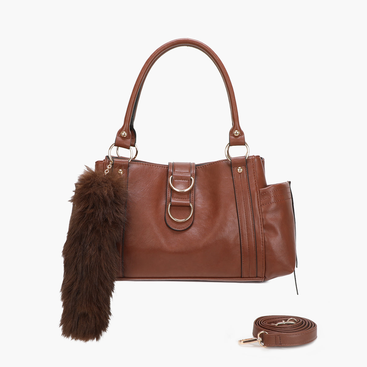 Sac porté épaule marron avec grigri fausse fourrure